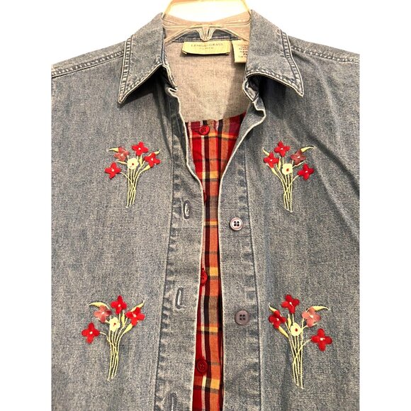 Lemon Grass Denim Shirt Jacket Floral Embroidery Red Plaid Front Panel Petite M - Picture 1 of 14